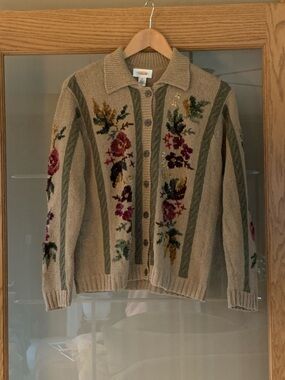 Talbots Beige Floral Embroidered Cardigan